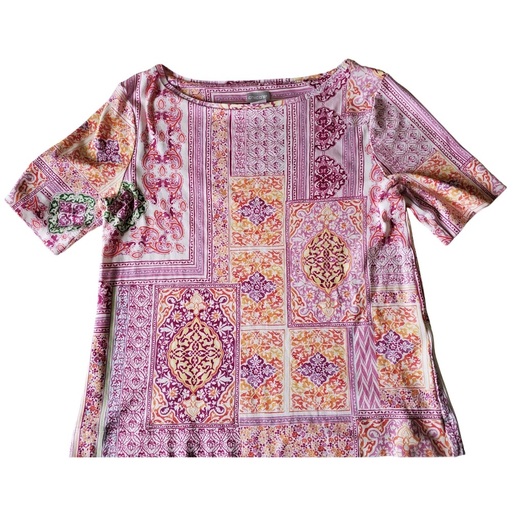 Chico's 1 Medium Top Pink Print 100% Pima Cotton T-Shirt Scoopneck
